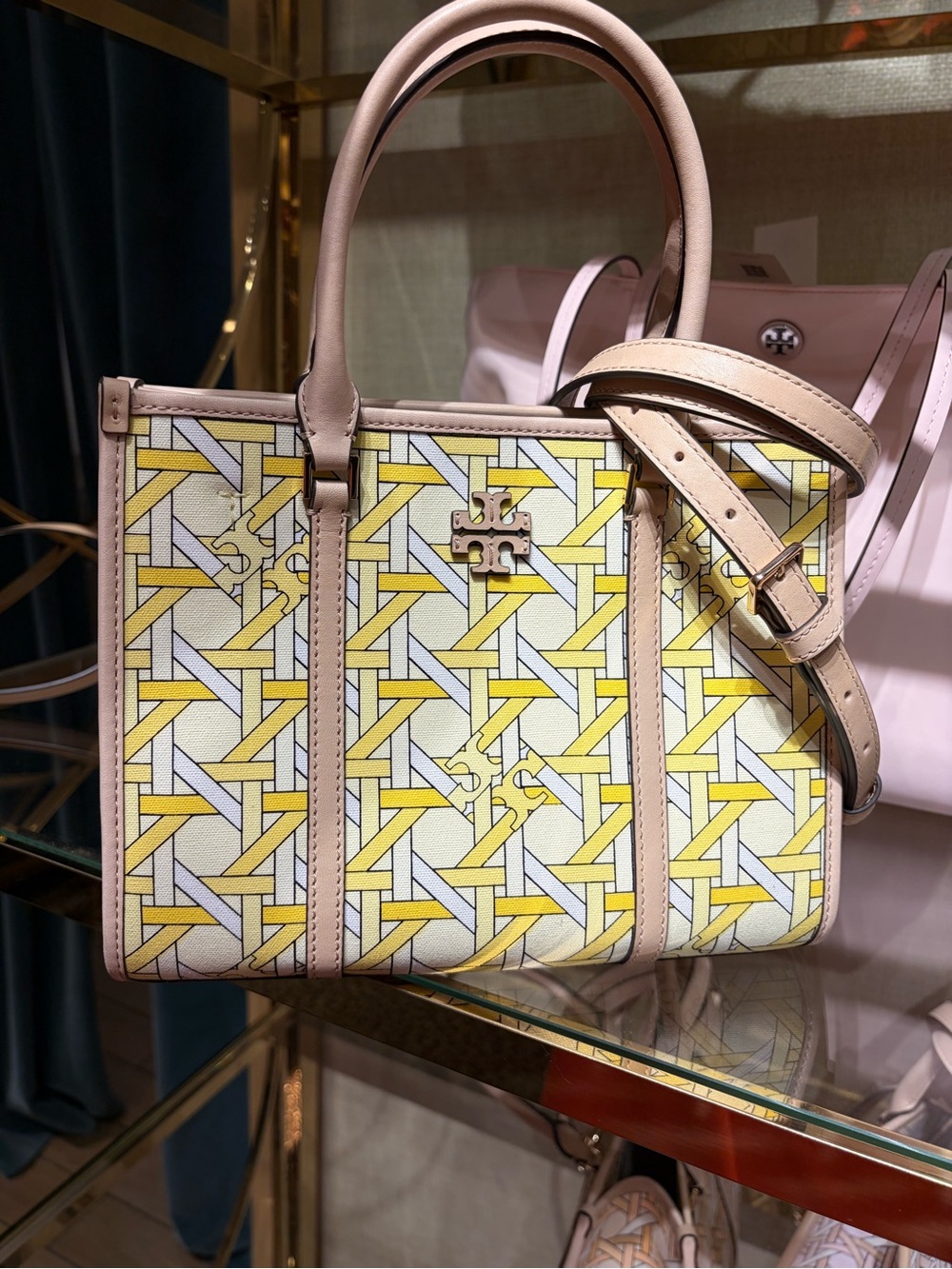 Tory Burch brake patten Canvas Tote with Tan Leather in yellow color new